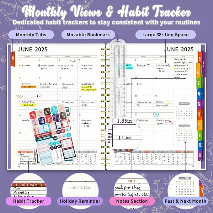 Jun 2025-Dec 2026 Academic Monthly Weekly Daily Planner for School, 19 Months Calendar 25-26 Planning Book with Colorful Tabs, 8.5" x 11" Mid Year College Organizer for Student Teacher (Lavender Purple)
