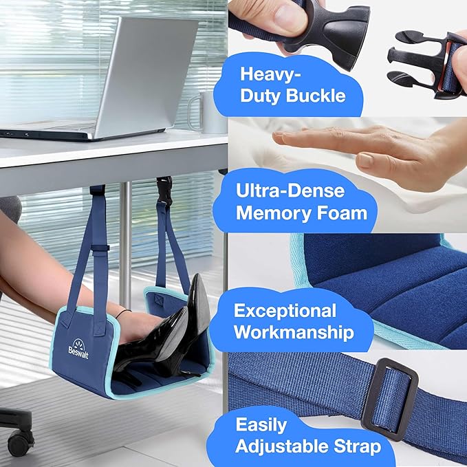 Portable Airplane Foot Hammock for Plane Travel with Memory Foam & Hardboard for No Feet or Leg Clashing - Long Flight Air Travel Essentials to Relax Feet Rest Flying Overseas by Beswalt (Navy Blue)