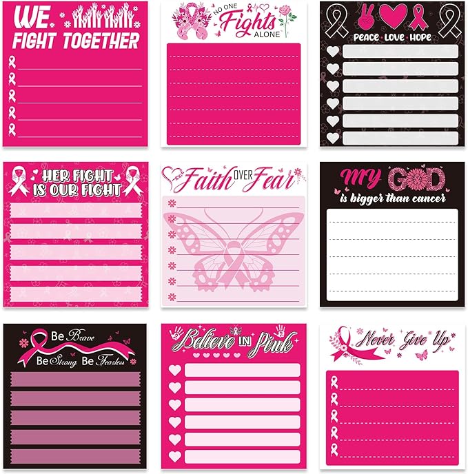 Breast Cancer Awareness Sticky Notes Gifts, 9 Pack Breast Cancer Awareness Notepads 3x3 Inches, Pink Ribbon Hope Fight Memo Post Pads School Office Supplies for Women Girls (450 Sheets)