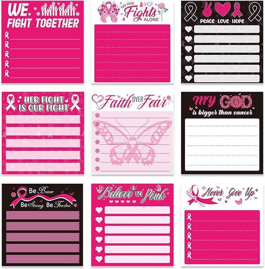 Breast Cancer Awareness Sticky Notes Gifts, 9 Pack Breast Cancer Awareness Notepads 3x3 Inches, Pink Ribbon Hope Fight Memo Post Pads School Office Supplies for Women Girls (450 Sheets)