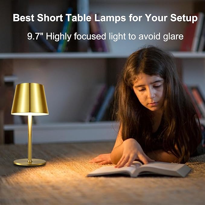 2 Pack Gold Cordless Table Lamp Rechargeable, Metal Small Bedside Table Lamp with 3 Adjustable Pole, 5400mAh Battery Operated Touch Lamp for Bedroom Kitchen Dining Waterproof & Portable
