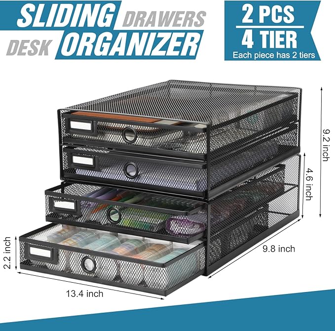 Zhanmai 2 Pack Desk Organizer with Drawer Total 4 Tiers, Wire Mesh Organizers Tray Multifunctional Paper Sorter File Stand for Home Office Supplies Storage Letter A4 Paper Office Accessories (Black)