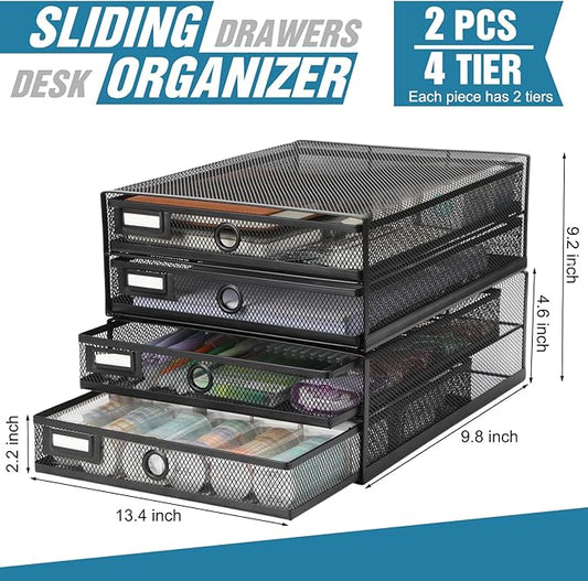 Zhanmai 2 Pack Desk Organizer with Drawer Total 4 Tiers, Wire Mesh Organizers Tray Multifunctional Paper Sorter File Stand for Home Office Supplies Storage Letter A4 Paper Office Accessories (Black)