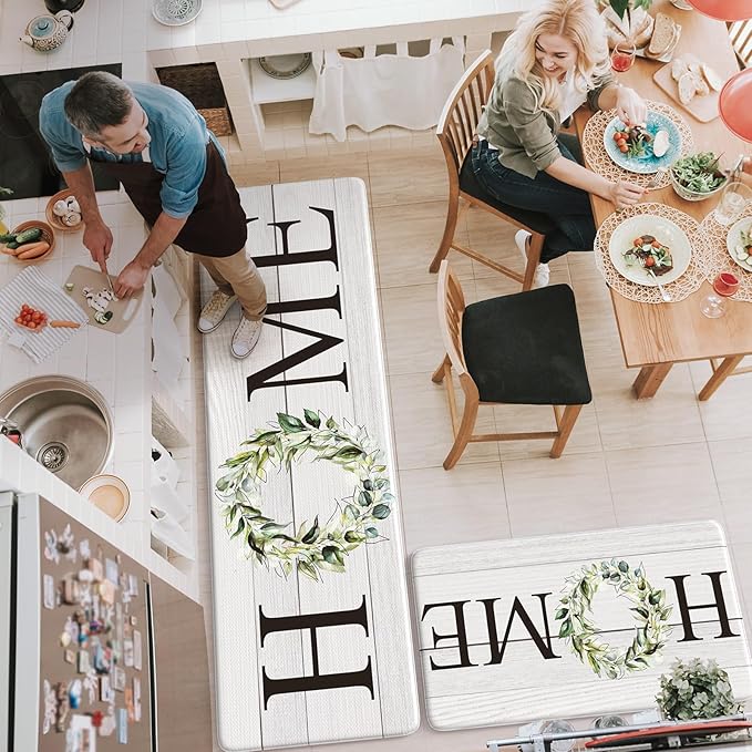 KIMODE Anti Fatigue Kitchen Rugs Sets of 2, Non Slip Waterproof Kitchen Mat, Farmhouse Kitchen Runner Rug, Ergonomic Standing Kitchen Mats for Floor 2 Piece, 20" x 59" + 20" x 32", White