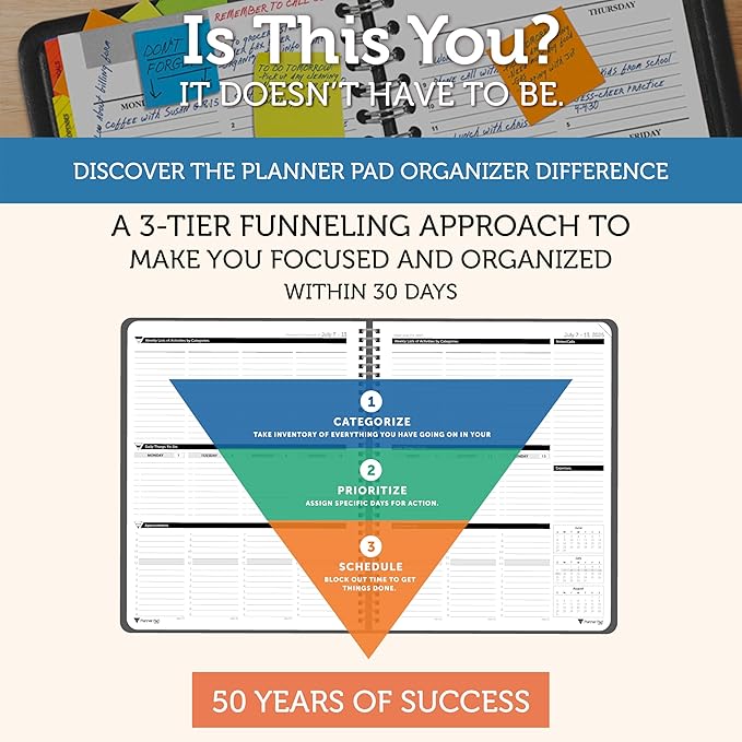 Planner Pad Spiral Bound 3-Tier Funnel Down 12 Month Organizer, July 2025 – June 2026 / Academic Year, Black Cover/Black Ink, 6 3/4" x 8 1/2"