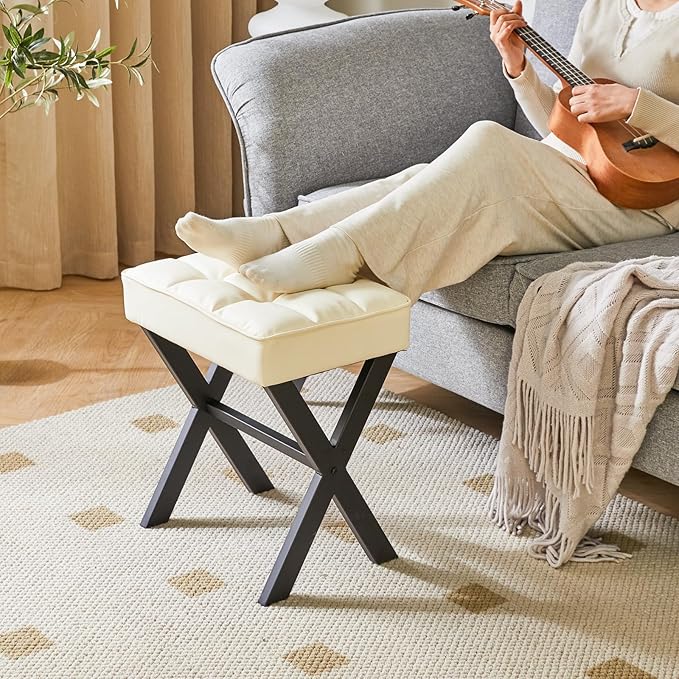 IBUYKE Square Makeup Stool with X-Leg Foot Rest, PU Footrest, Ottoman Seat Vanity Stool, Multi-Use as Small Side Table, for Bedroom, Living Room, White LG-71W