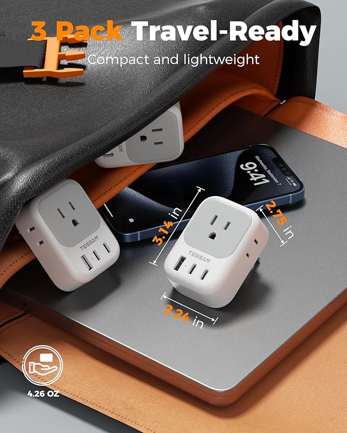European Travel Plug Adapter 3 Pack, TESSAN Type C Charger Plug with 4 Outlets 3 USB (2 USB-C), US to Europe Plug Adapter for Italy, Spain, France, Portugal, Greece, Iceland, Travel Essentials