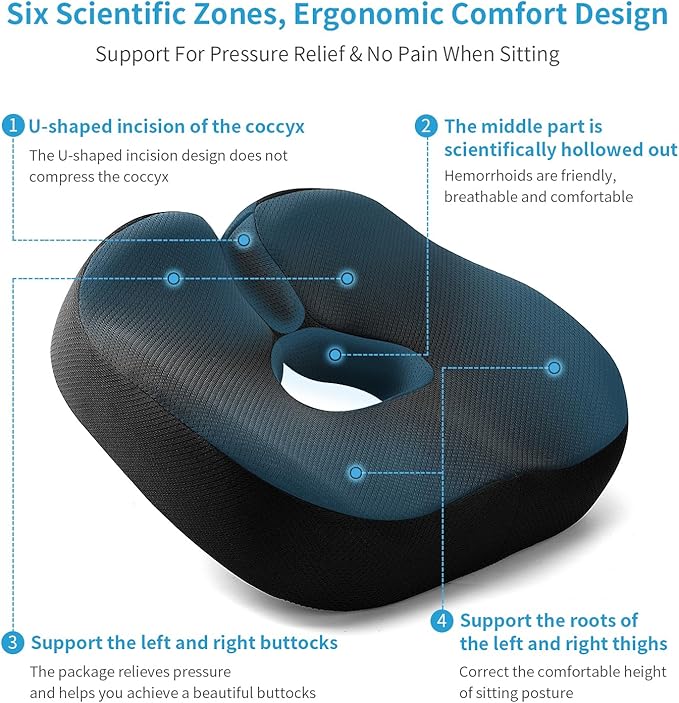 Orthopedic Memory Foam Seat Cushion - Donut Pillow for Tailbone Pain Relief, Sciatica, Hemorrhoids & Postpartum - Office Chair, Car & Home Cushion for Back & Coccyx Support (Black)