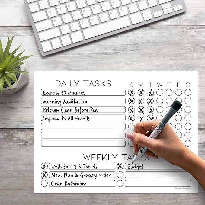 Dry Erase Whiteboard Task Planner by Glassboard Studio | Removable and Restickable Adhesive Decal | Fine-Tip Magnetic Marker Included (9 x 12 inches, White)