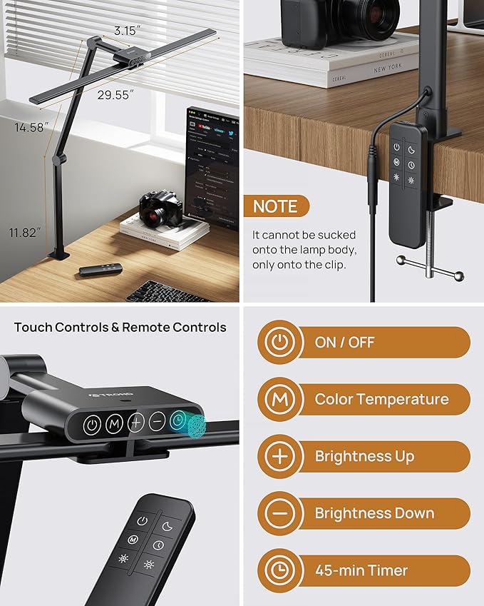 TROND LED Desk Lamp with Clamp - 1500LM Super Bright Architect Desk Light, 25 Lighting with Remote or Touch Control, Eye-Caring Clip on Light, for Home Office, Computer Monitor, Reading, Study, Work
