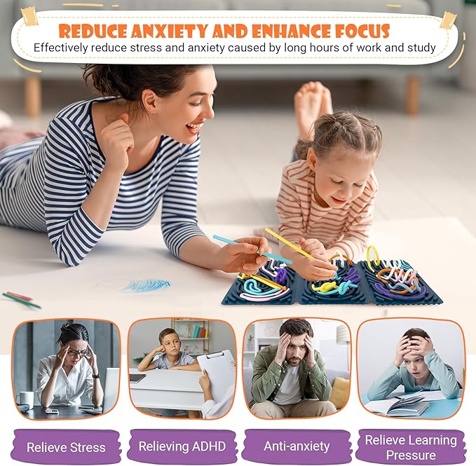 Sensory Activity Board, Six-Sided Silicone Sensory Fidget Toy with 40 Strings for Autism, Stress Relief, Calming, Focus & ADHD, Great for Kids 3+ & Adults with User Guide & Portable Travel Bag