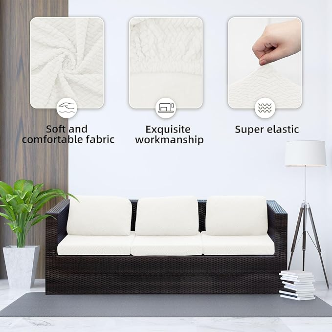 8Pcs Stretch Patio Cushion Cover Outdoor Cushion Cover Replacement Slipcovers Outdoor Cushion Covers Thick Jacquard Textured Twill Fabric Porch Patio Furniture Protector(Cream，Cover，Only)