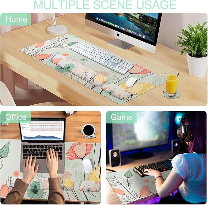 Petmolico Mouse Pad Set Wrist Rest with Keyboard Desk Pad,Mouse Pad with Wrist Rest,Typing Wrist Pad and Cup Coasters,Ergonomic Design for Typing Pain Relief[Light Brown,Big Flower]