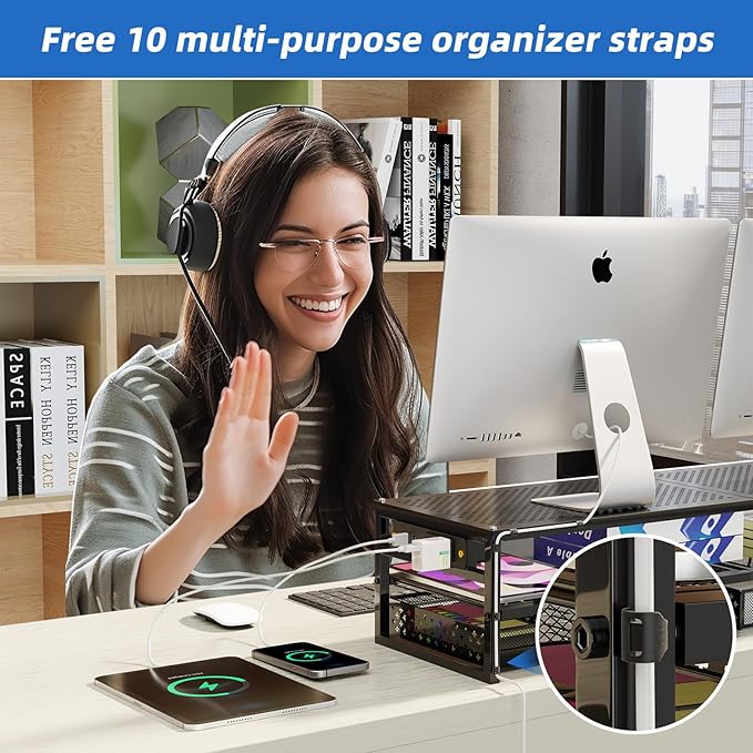 Simple Trending 2 Tier Metal Monitor Stand Riser with USB 2.0 and Charging Prot , Computer Office Desktop Organizer for 2 Monitors With Two Drawer Storage and Reusable Cable Ties,for Printer, TV, Black