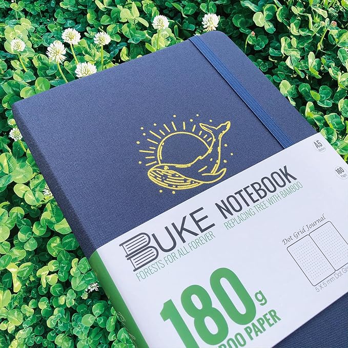 Dot Grid Notebook Dotted Journal,180Gsm Bamboo White Paper, 5 * 5MM Dots 160 Pages, Lay Flat Binding,Colored Silver Edges, Bookmarks and Expandable Back Pocket