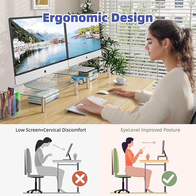 Simple Trending 2 Pack Computer Monitor Riser with Height Adjustable, Tempered Glass, Multi Media Desktop Stand for Flat Screen TV Laptop