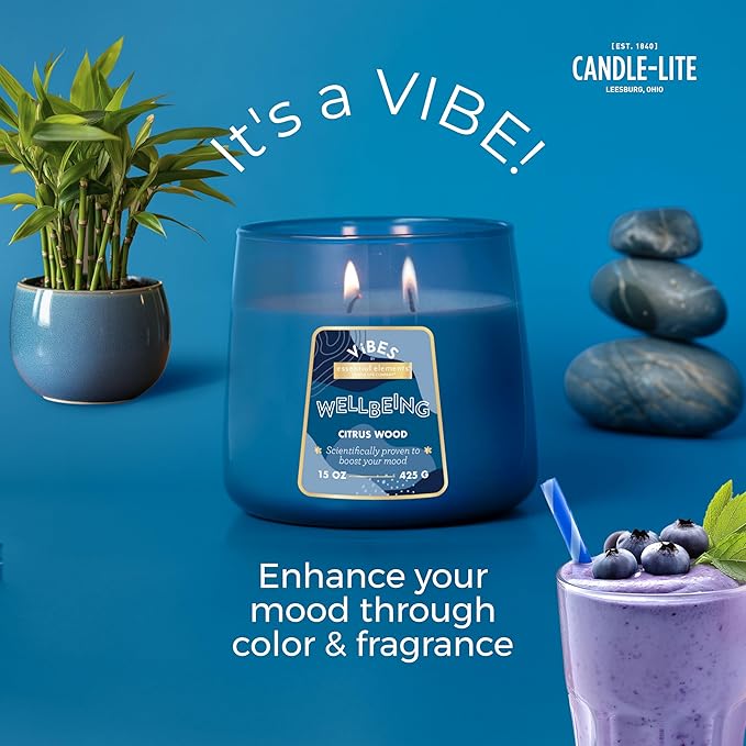 Candle-Lite Vibes Citrus Wood Mood-Enhancing Scented Candles, 15 oz Jar, Aromatherapy, Proudly Poured in The USA, 2-Wick, 86 Hours Burn Time, Perfect Relaxation Gift
