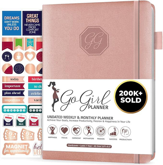 GoGirl Planner and Organizer for Women – Compact Size Weekly Planner, Goals Journal & Agenda to Improve Time Management, Productivity & Live Happier. Undated – Start Anytime, Lasts 1 Year – Rose Gold