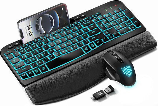 SABLUTE Wireless Keyboard and Mouse Combo - Ergonomic Wave Keyboard with Soft Leather Wrist Rest, Phone Holder, Rechargeable, RGB Backlit Mouse, Full-Size Set for Windows/Mac/Computer (Black)