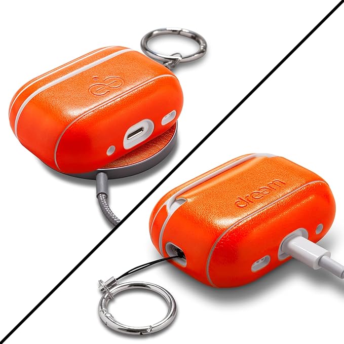 Dreem Om Case Cover with Keychain Clip Compatible with AirPods Pro 2/Pro, Protective One-Piece Hard Shell, Luxury Vegan Leather AirPod Pro Case 2nd/1st Generation with Separate Clip [Orange]