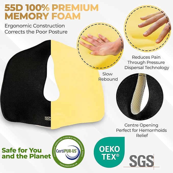 Patented 55D Memory Foam Seat Cushion– Ergonomic Office Chair Cushion for Sciatica Relief, Car Seat Cushion for Long Driving – Coccyx Pillow for Tailbone Pain, Pressure Relief for Hip, All Day Comfort