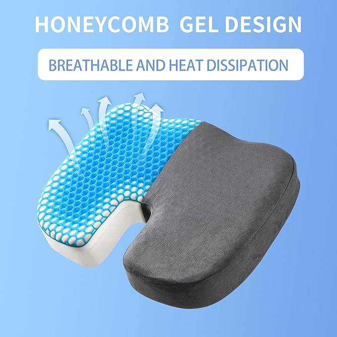 Seat Cushion for Office Chair, Gel & Memory Foam Chair Cushion, Sciatica & Coccyx Pain Relief Cushion for Long Sitting Office Workers, Car Drivers