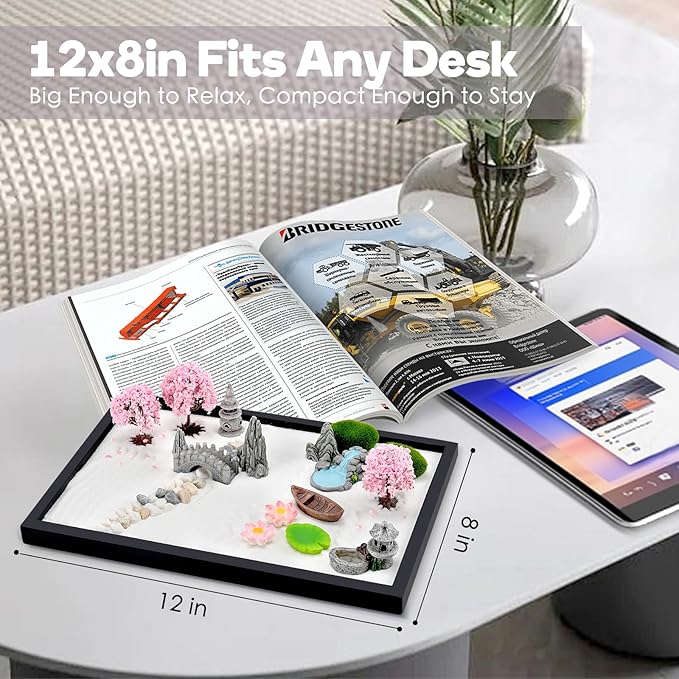 Zen Garden Kit for Desk 12x8in Premium Sand Tray Therapy Kit, Japanese Mini Zen Sand Garden Gift Set, 20 Accessories, Stress Relief Gifts, Meditation Home Office Desk Decor