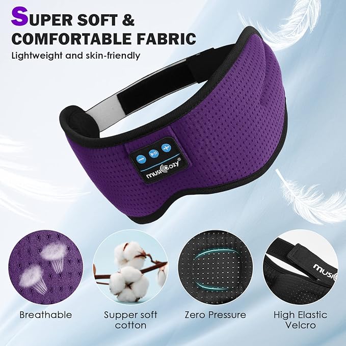 MUSICOZY White Noise Bluetooth Sleep Mask with 8 Soothing Sounds & 3D Wireless Sleep Headphones, Bluetooth Sleeping Headphones for Yoga Travel Office Relaxation, Tech Gadgets Gifts, Lavender Purple