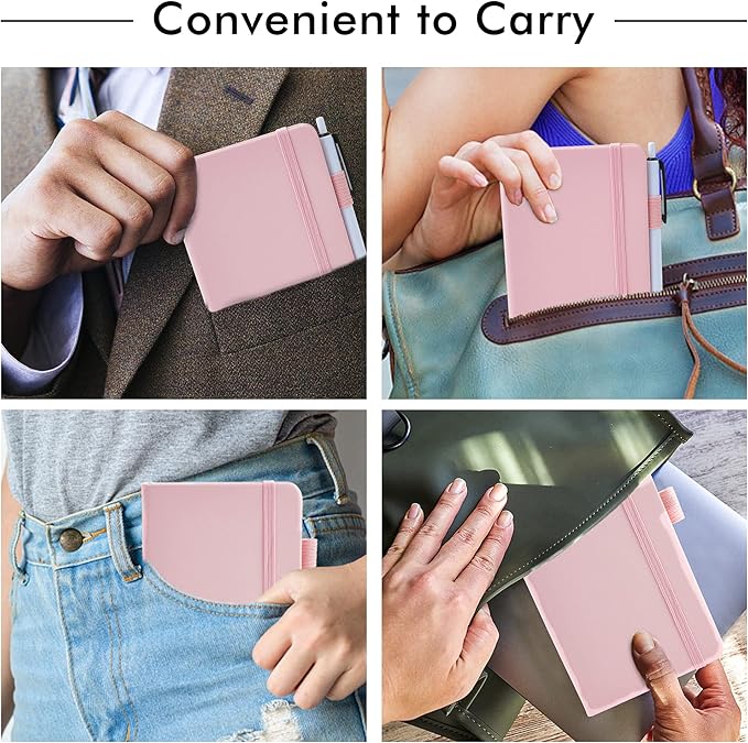feela 15 Pack Pocket Small Notebooks Bulk, Mini Cute Memo Notepads Hardcover College Ruled Lined Journals with Pen Holder for Women Girls Office School, with 15 Black Pens, 3.5”x 5.5”, A6, Rose Pink