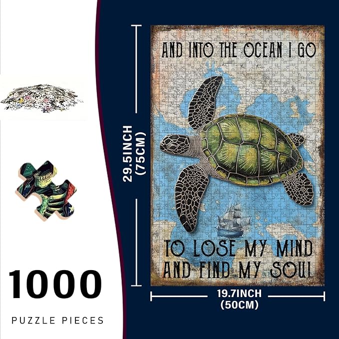 1000 Piece Wooden Jigsaw Puzzle Beautiful Sea Turtle and Into Adults & Kids Difficult Brain Teaser for Focus Training & Quiet Family Time 29.5x19.7 Inch