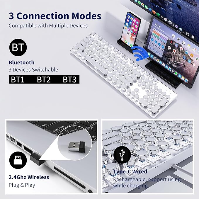 EWEADN TK950 Typewriter Keyboard Wireless Mechanical Keyboard, 104 Keys Aesthetic Typewriter Keyboards with White Backlit, Anti-Ghosting, Blue Switch Bluetooth/2.4GHz/Wired Keyboards-White