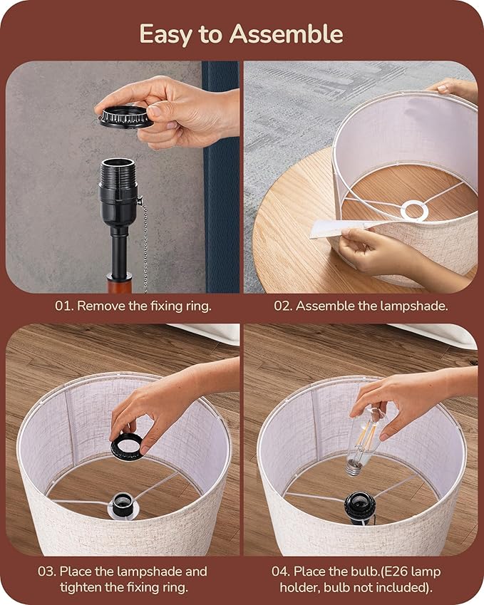 EDISHINE Mid Century Table Lamp, Pull Chain Switch Bedside Lamp with Linen Shade, Solid Wood Pole & Black Metal Base, Modern Nightstand Lamp for Bedroom, Living Room, Office, E26 Base