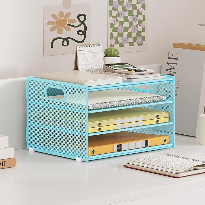 Subekyu Paper Letter Tray Organizer for Desk, Blue Metal Mesh Desk File Sorter Organizer with Handle and 2 Sliding Trays for Home Office School Supplies Organization