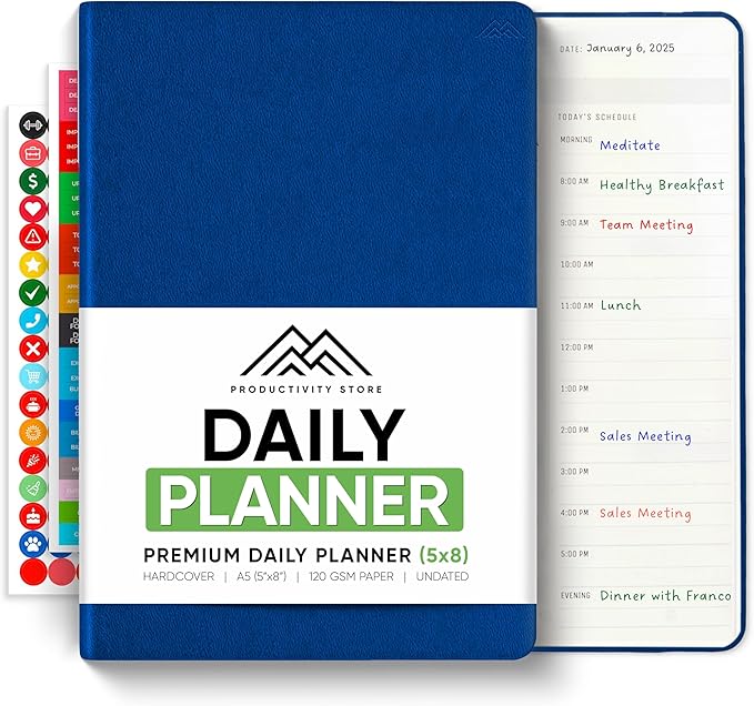 Daily Planner 2025 (5" x 8") - The Ultimate Daily Workflow Planner with Hourly Schedule & Task List to Achieve Your Goals by PRODUCTIVITY STORE (A5, Navy Blue)