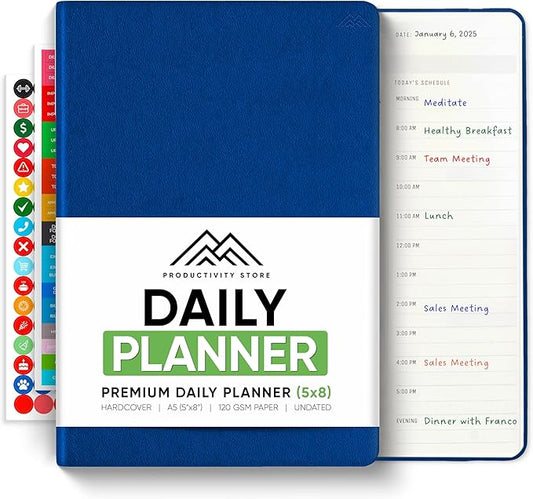 Daily Planner 2025 (5" x 8") - The Ultimate Daily Workflow Planner with Hourly Schedule & Task List to Achieve Your Goals by PRODUCTIVITY STORE (A5, Navy Blue)