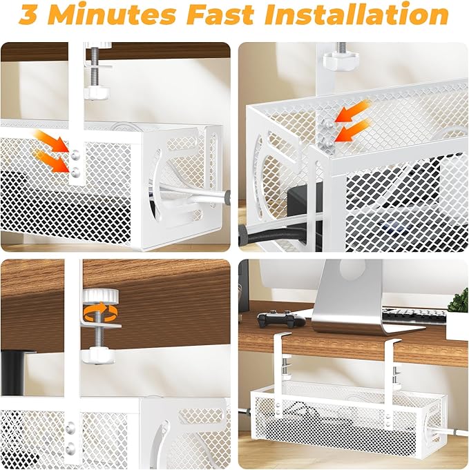 Under Desk Cable Management Tray, 15.7'' No Drill Steel Desk Cable Organizers, Wire Management Tray Cable Management Rack (2 Packs-White)