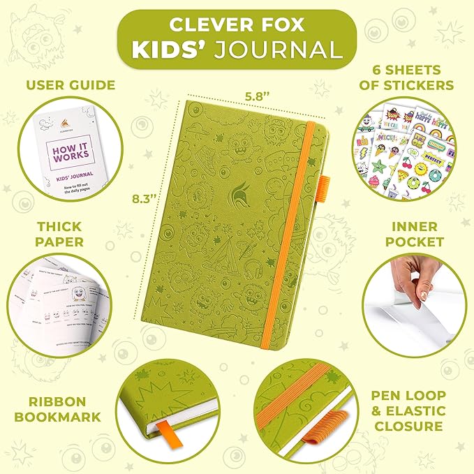 Clever Fox Kids’ Journal – Daily Feelings & Gratitude Notebook for 8+ Children – Child’s Planner & Mood Tracker for Journaling & Writing (Apple Green)