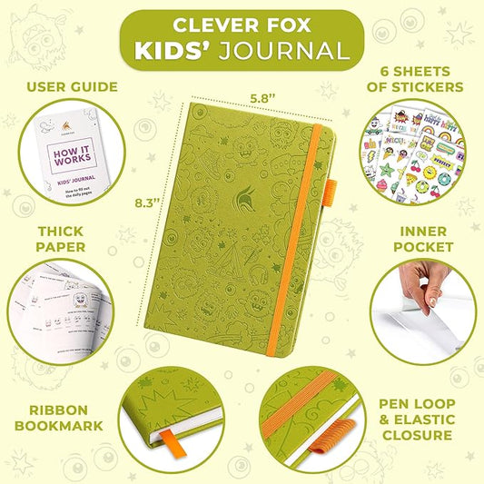 Clever Fox Kids’ Journal – Daily Feelings & Gratitude Notebook for 8+ Children – Child’s Planner & Mood Tracker for Journaling & Writing (Apple Green)