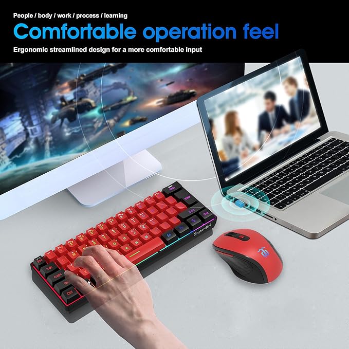 Snpurdiri 2.4G Wireless Gaming Keyboard and Mouse Combo, 60 Percent Wireless Keyboard and Ergonomic Vertical Feel Small Mouse (Black and Red)