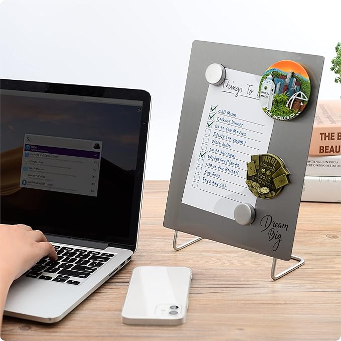 Magnetic Bulletin Board with Stand – Small Dry Erase Memo Board – Tabletop Metal Easel for Magnet Display – 10x8 Inches + 2 Magnets