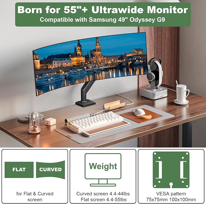 Heavy Duty Monitor Arm for 17-57 inch Screens up to 55lbs, Premium Aluminum Ultrawide Monitor Mount for Samsung 49” Odyssey G9 and LG, VESA 100x100mm, Black