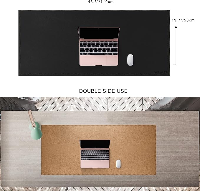 MAIDERN 43.3”x 19.6” Leather Desk Pad, Large Desk Mat, Reversible Cork & Leather Large Mouse pad for Desk, Waterproof Computer Desk Pad for Gaming Home Office (Black) …