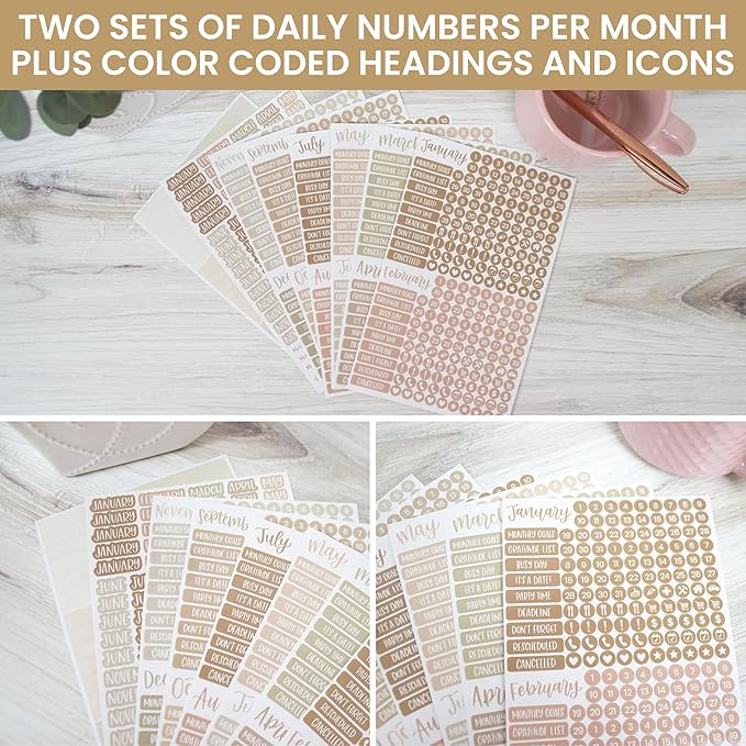 bloom daily planners Muted Neutrals Calendar Essentials Planner Stickers - 8 Sheets, 1629 Stickers Per Pack! - Color Coordinating Monthly Headings, Dates, Icons, Etc. - Aesthetic Boho