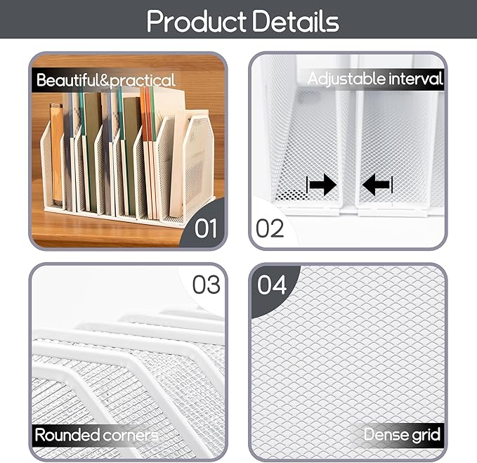 Adjustable Desk File Organizer,Detachable Office Folder Organizer,Compact Vertical Desk File Holder,Wrought Iron Paint,Suitable for Home, School, Office Classrooms (White - 7 grids)