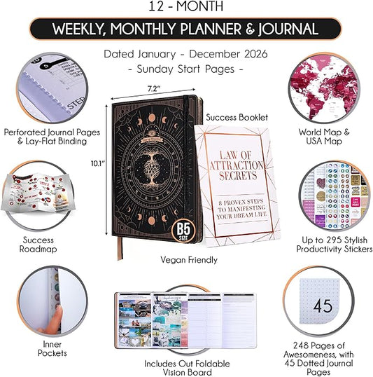 2026 Planner Weekly and Monthly | Law of Attraction Planner with Panduo App | A 12 Month Journey for Productivity, Gratitude & Goal Setting | Includes Foldable Vision Board, Gift Box & Stickers