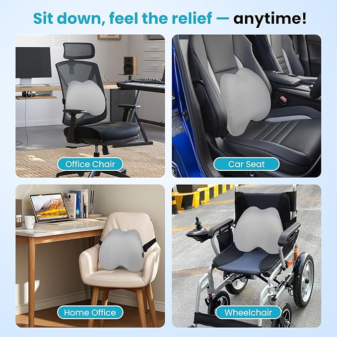 Lumbar Support Pillow Office Chair Car Back Pillow, Ergonomic Lower Back Pain Relief Breathable Air Fiber Cushion for Long Sitting Worker Driver & Handicapped, Adjustable Strap (Light Grey)