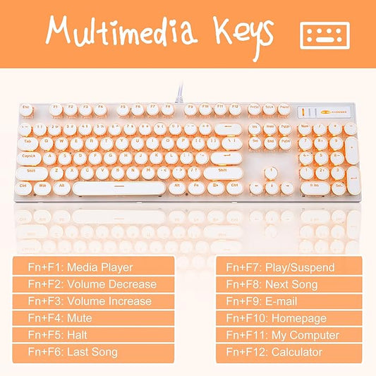 Typewriter Style Mechanical Keyboard, Retro Punk Gaming Keyboard with Gold LED Backlit, Cute Wired Keyboards,104 Keys Full Size Keyboards, Uique Round Keycaps for Windows/Mac/PC(White&Gold)