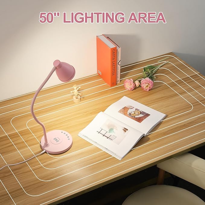 BOHON Cute Desk Lamp with USB C+A Charging Ports, Wireless Charger Pink Lamp, 5 Colors Stepless Dimming Reading Light, Touch Bedside Table Lamp, LED Desk Light for Home Office College Dorm Room Pink