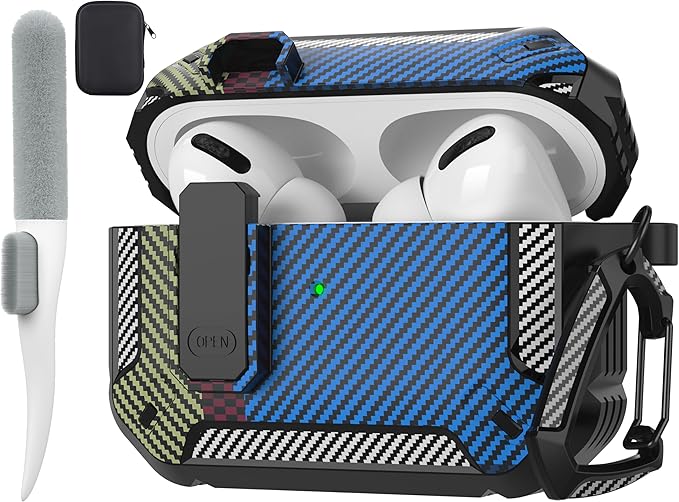 Maxjoy for AirPods Pro Case Cover with Lock, AirPods Pro 1st Generation Case for Men Military Rugged Protective Cover with Keychain Compatible with Apple AirPod Pros 2019 Front LED, Carbon Fiber Blue