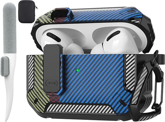 Maxjoy for AirPods Pro Case Cover with Lock, AirPods Pro 1st Generation Case for Men Military Rugged Protective Cover with Keychain Compatible with Apple AirPod Pros 2019 Front LED, Carbon Fiber Blue